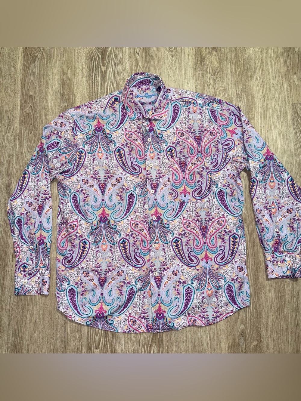 Alan Flusser Mens L Paisley Dress Shirt Purple Blue 100% Cotton Button Up